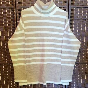 Striped Beige and White Womans Turtleneck Sweater
